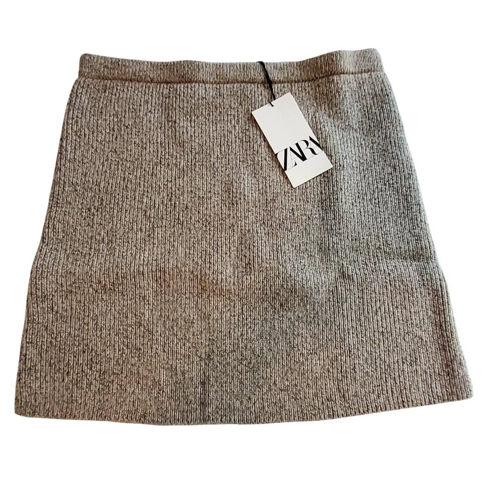 Zara Womens Wool-Blend Ribbed Mini Skirt Size Large Gray Beige New With Tags
